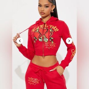 NWT Red Ed Hardy Dragon Heart Front Zip cropped Hoodie size M